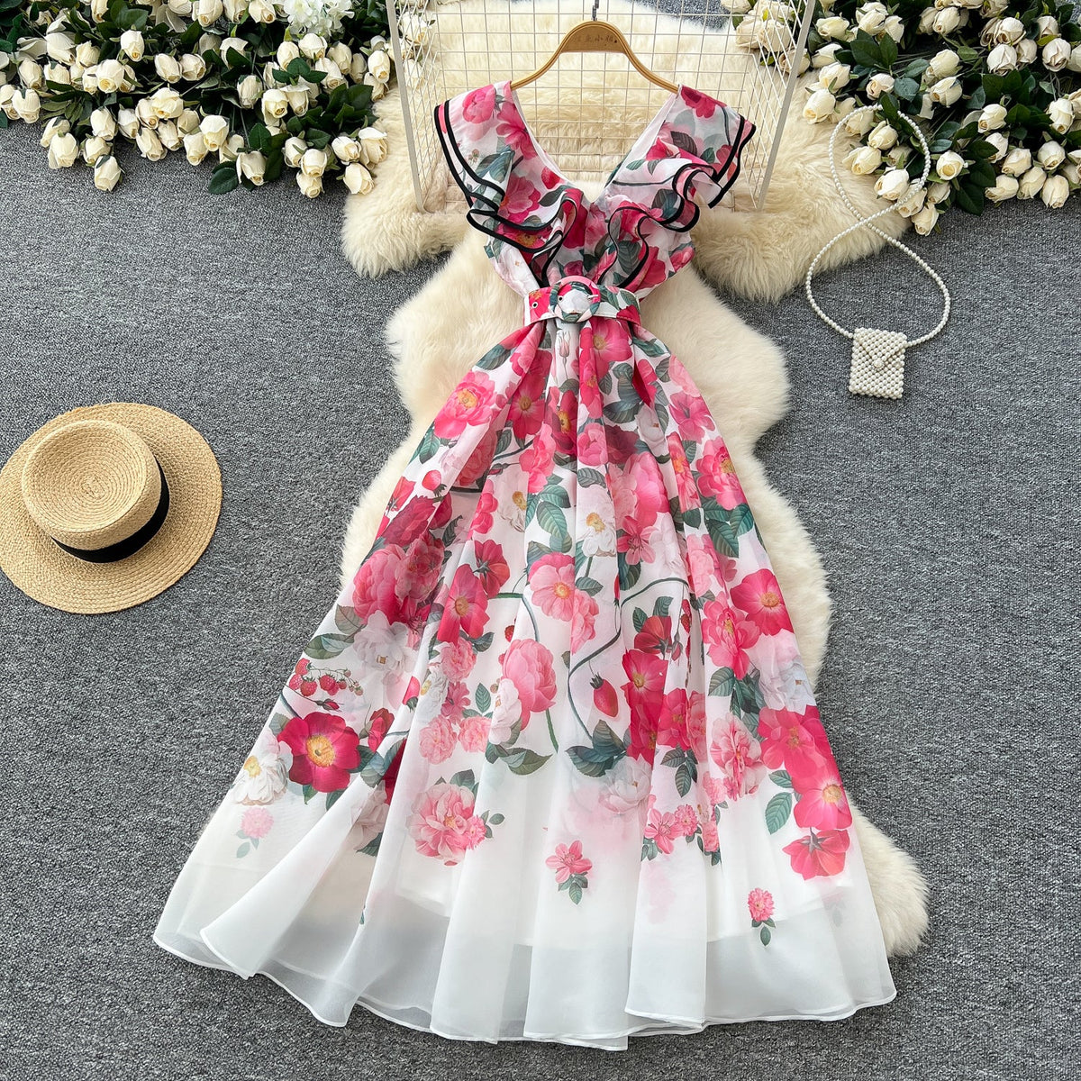 V-neck Ruffled Floral Printed Dress