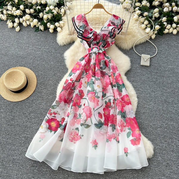 V-neck Ruffled Floral Printed Dress