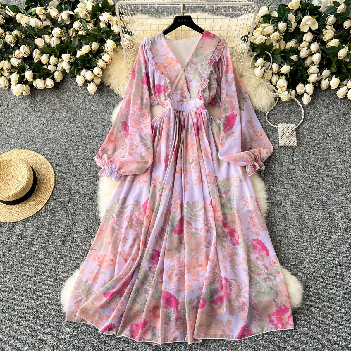 French Style Flared Sleeve Floral Dress