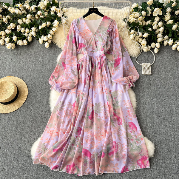French Style Flared Sleeve Floral Dress