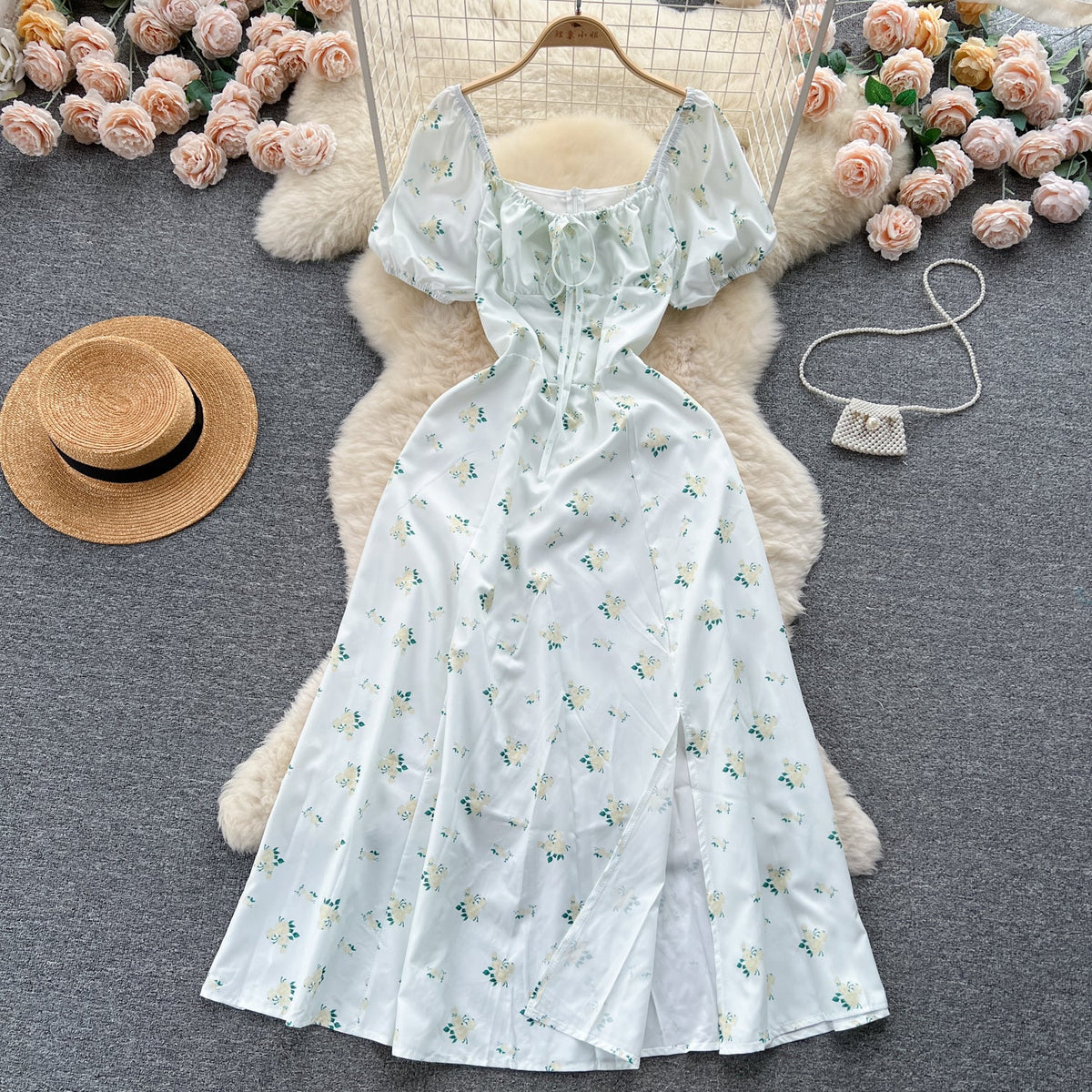 Ruffled Neckline Floral Split Dress