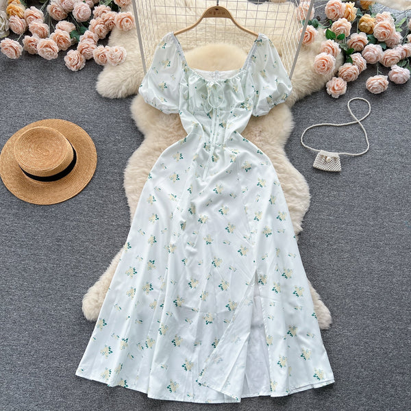 Ruffled Neckline Floral Split Dress