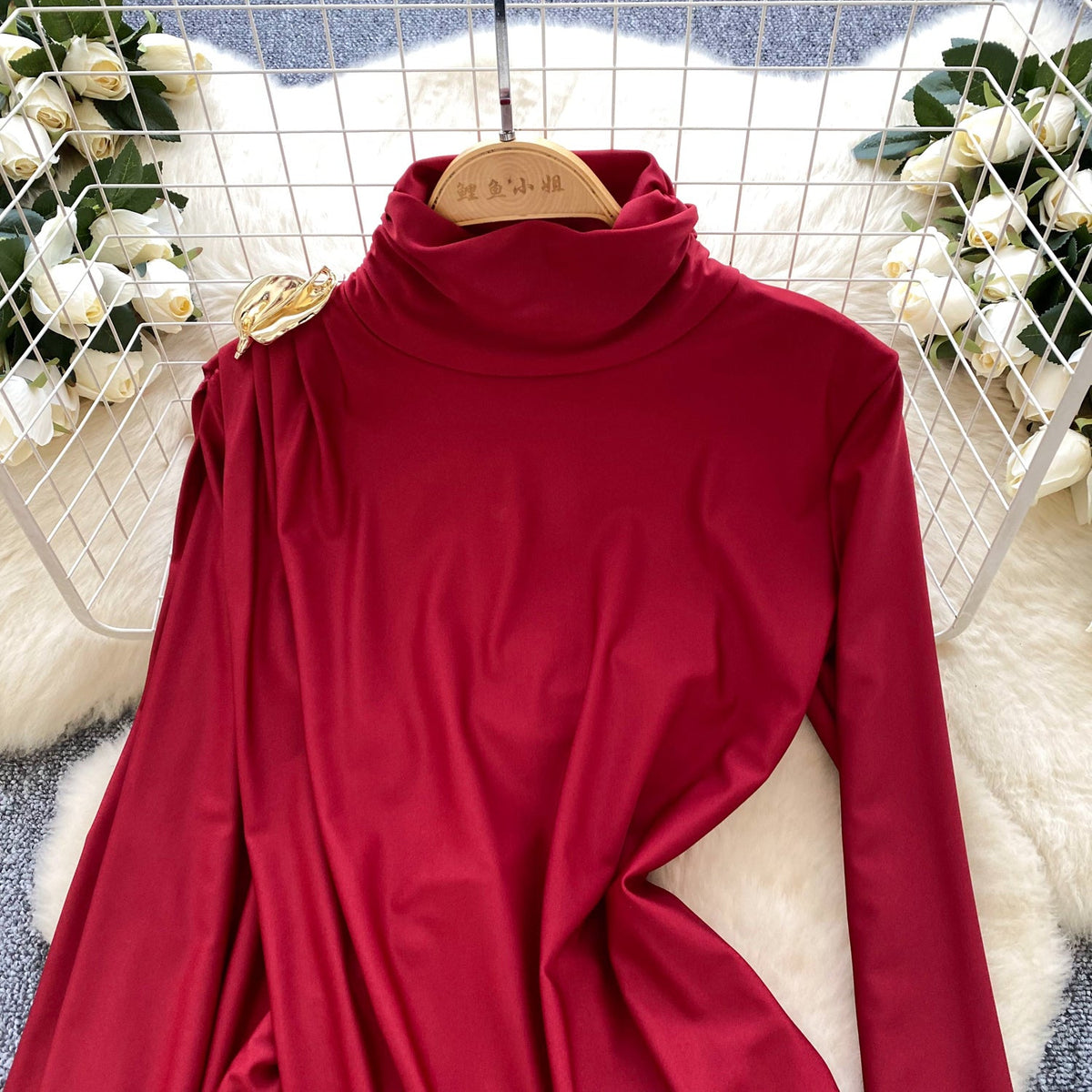Irregular Design Turtleneck Dress with Ribbon