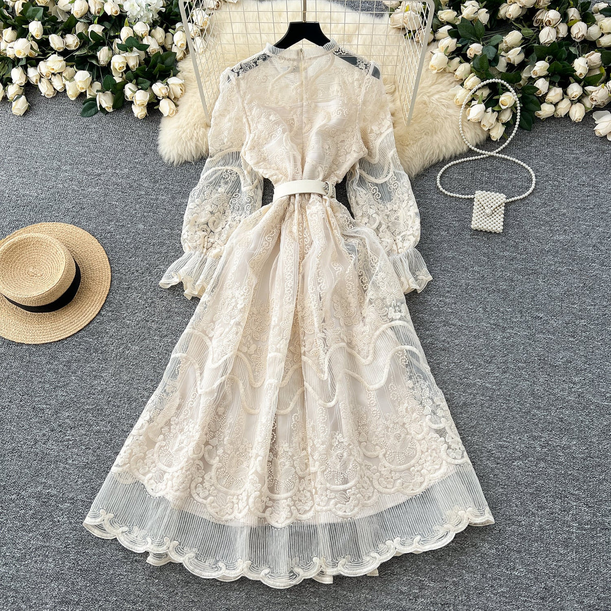 Embroidered Lace Apricot Shirt Dress