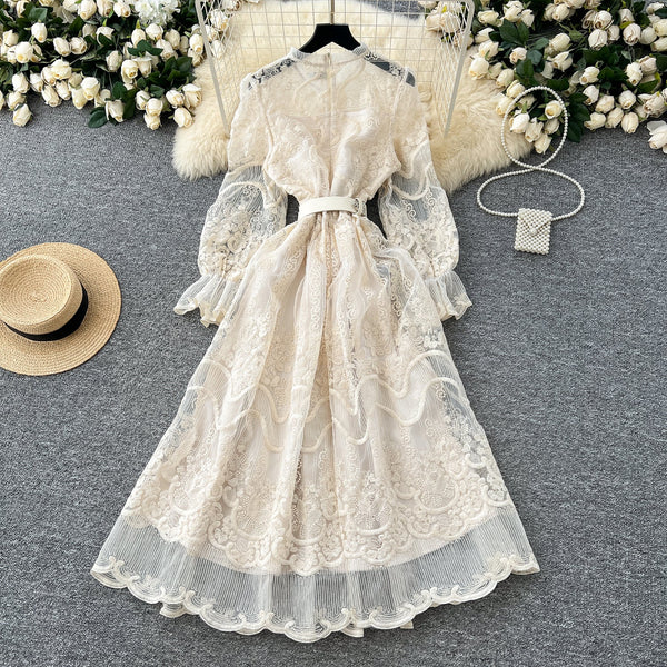 Embroidered Lace Apricot Shirt Dress