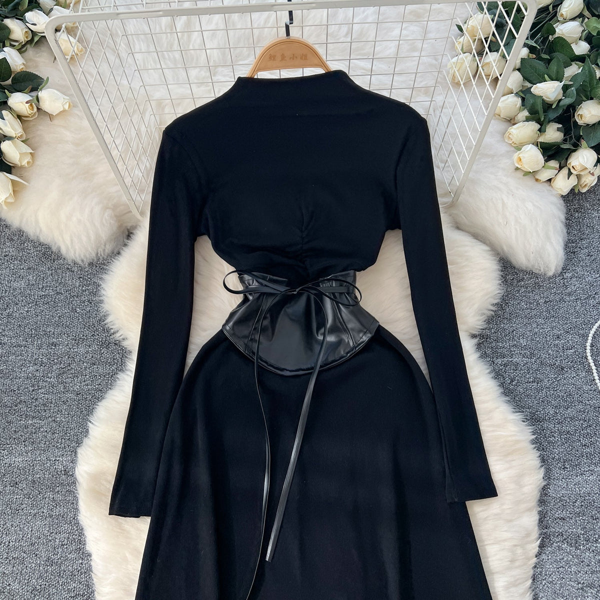 Niche Knitted Dress with PU Waistband