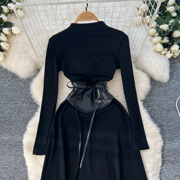 Niche Knitted Dress with PU Waistband