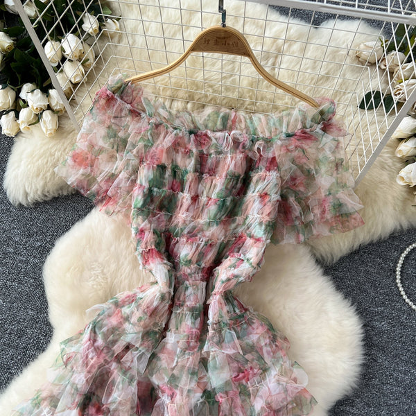 Off-shoulder Floral Puffy Mesh Dress