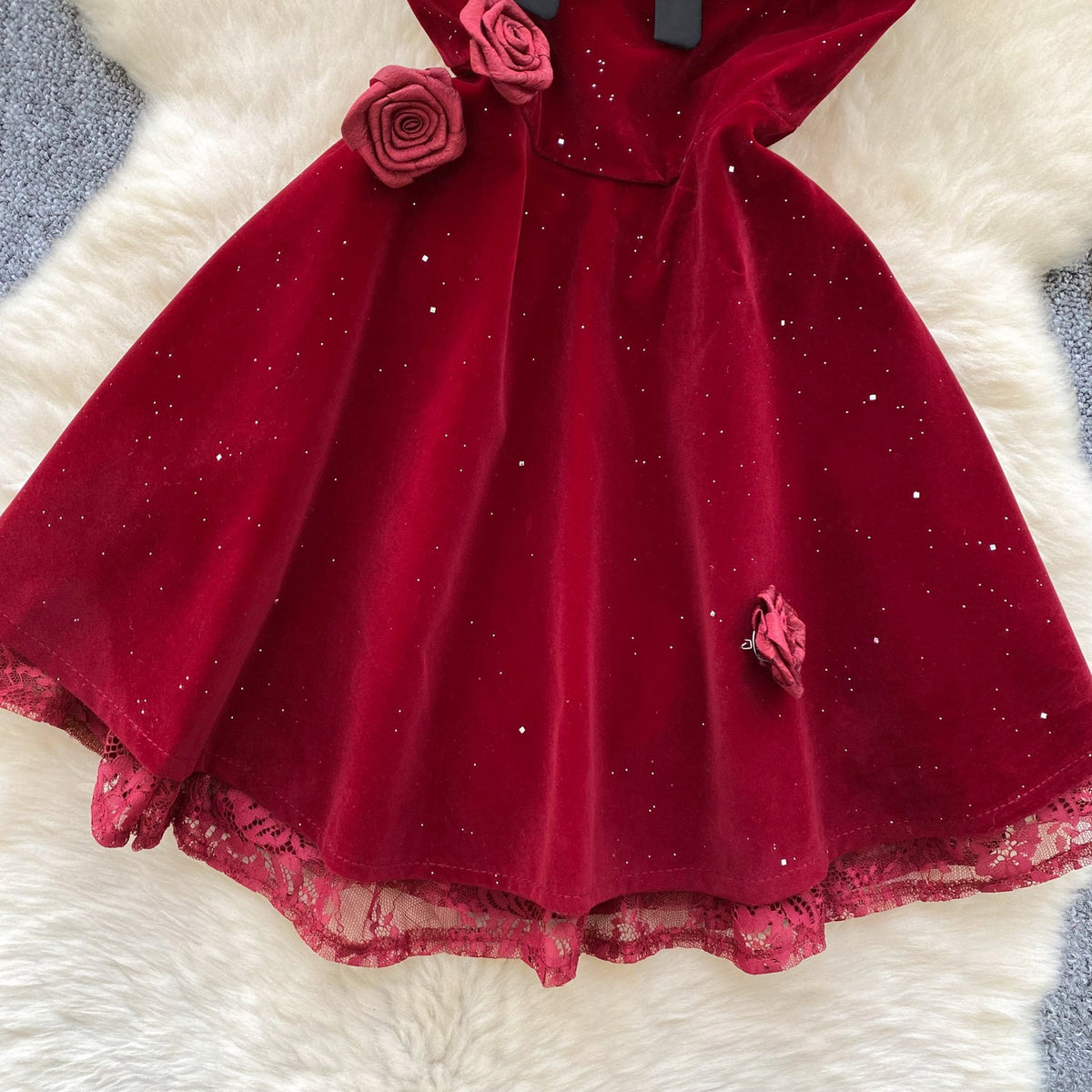 3D Rose Lace Patchwork Suede Dress