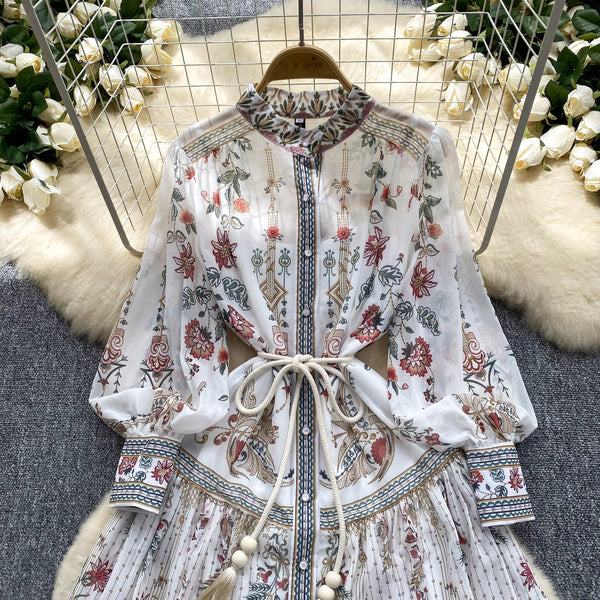 Vintage Stand Collar Floral Shirt Dress