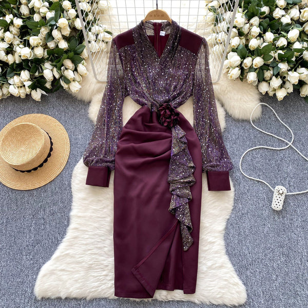 Sequined Mesh Patchwork Satin Dress