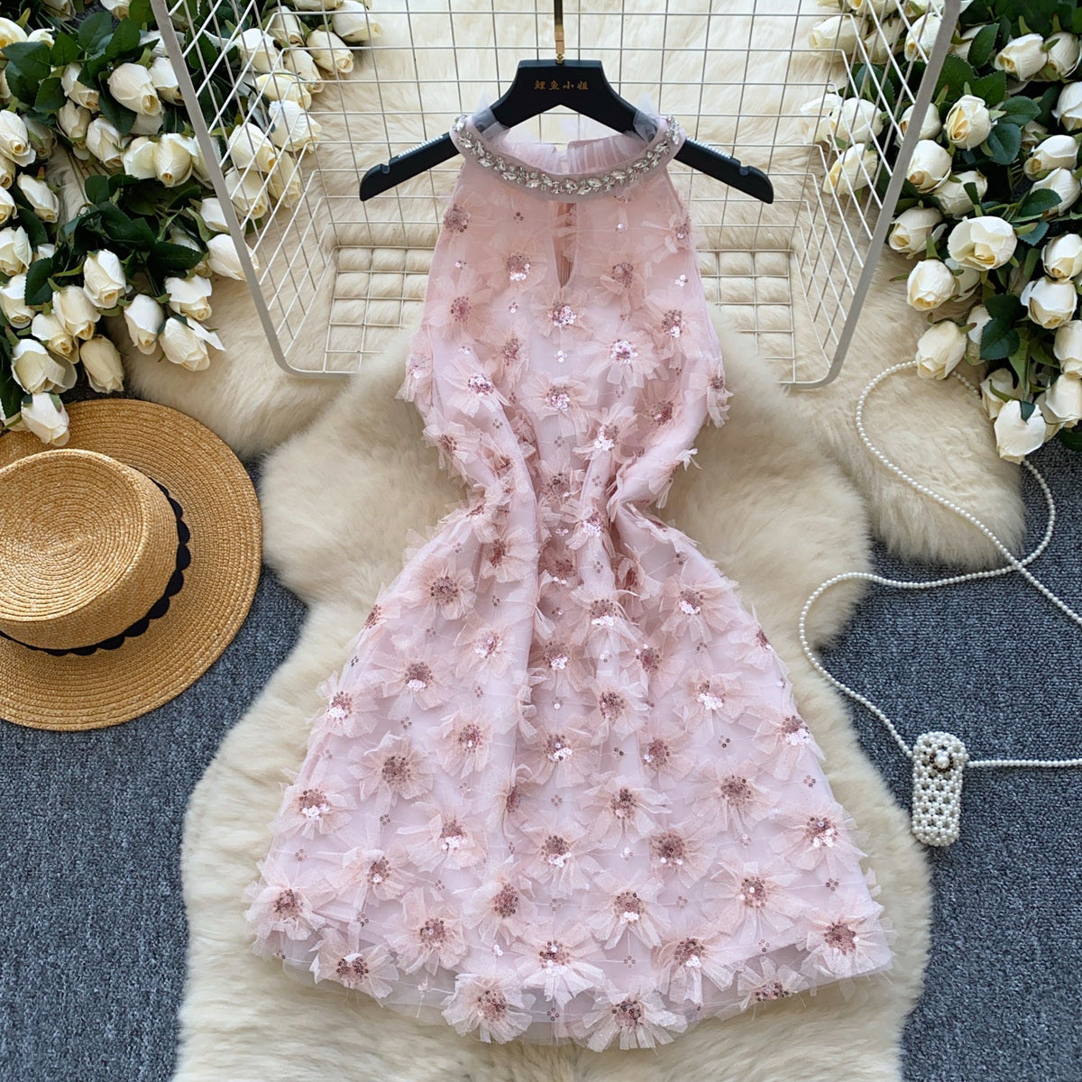 Rhinestone Studded Pink Floral Halter Dress