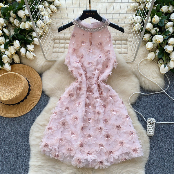 Rhinestone Studded Pink Floral Halter Dress