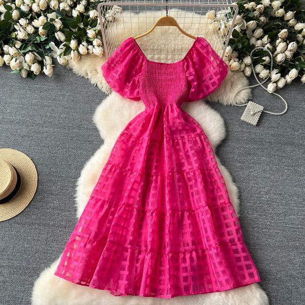 Solid Color Plaid Puffy Dress