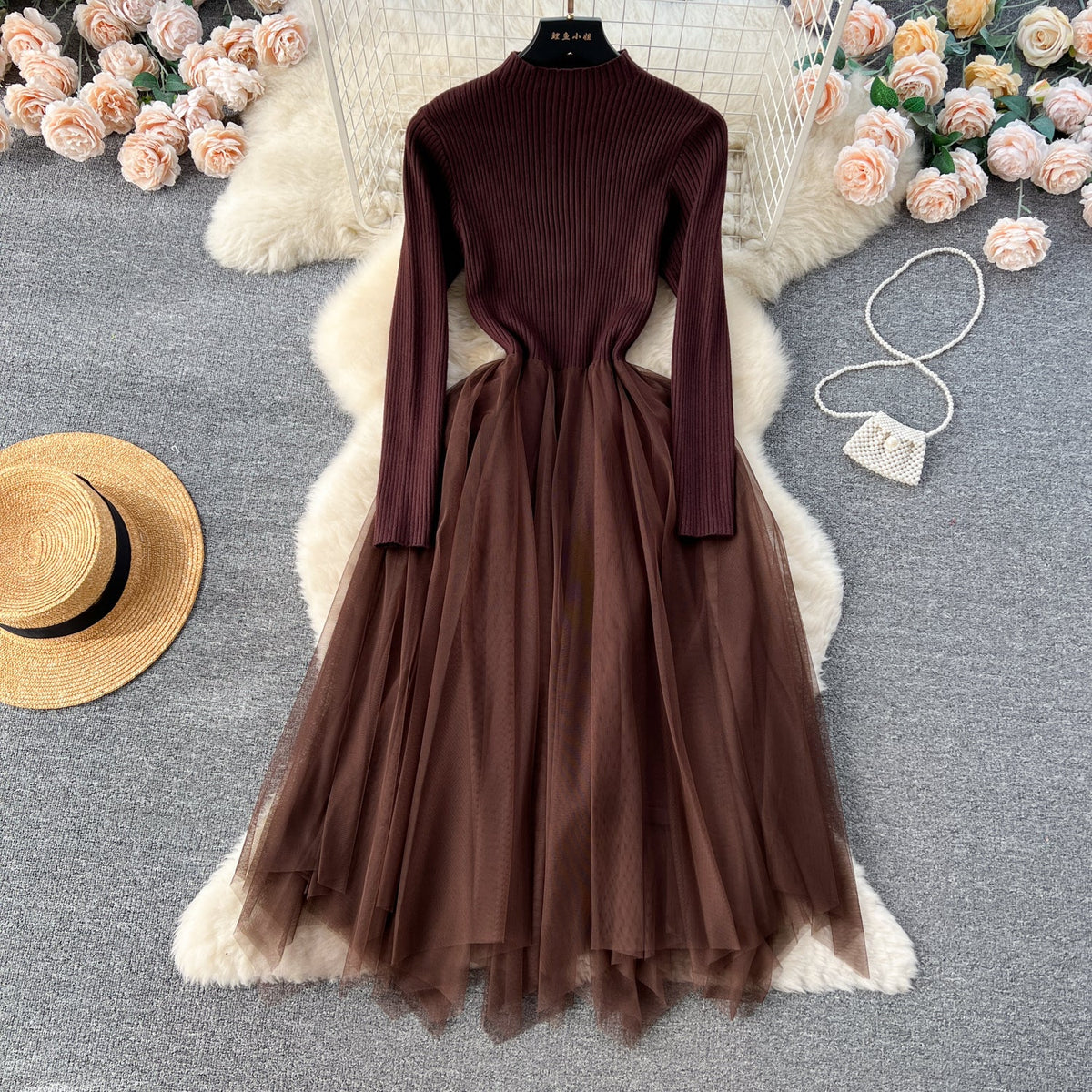 High-end Mesh Patchwork Sweater Dress