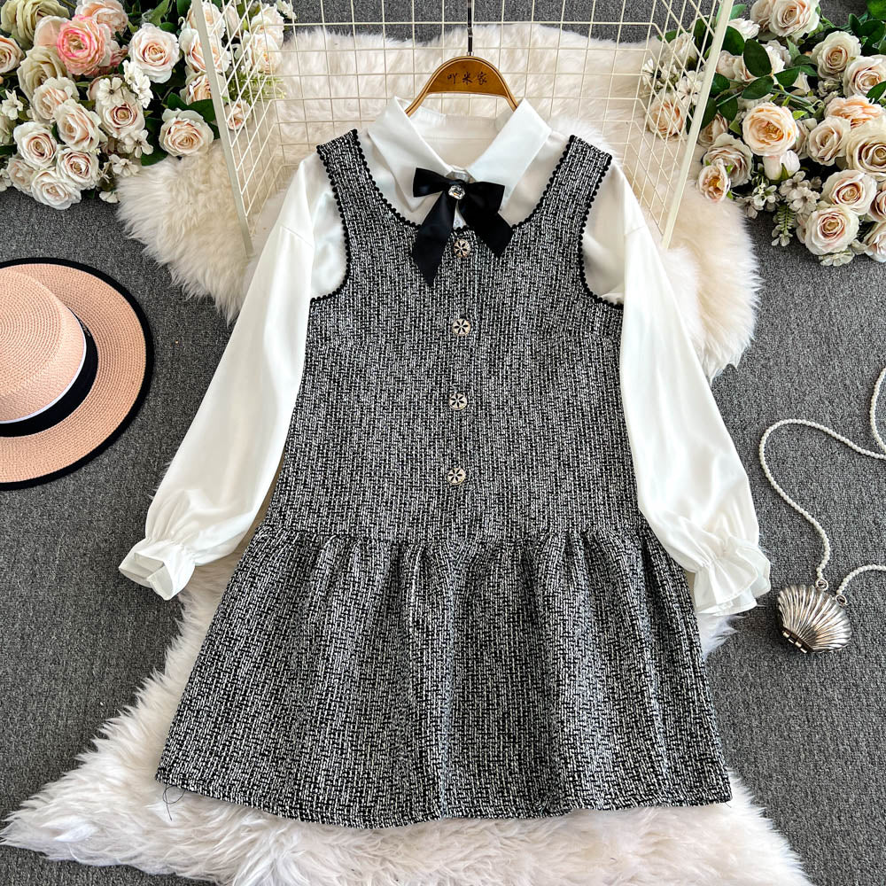 Tweed Vest Dress&White Shirt 2Pcs