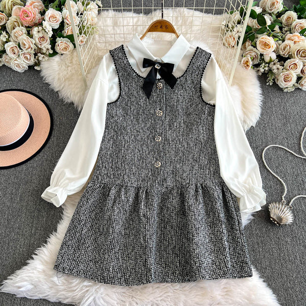 Tweed Vest Dress&White Shirt 2Pcs
