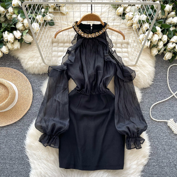 French Style Beaded Neckline Black Dress