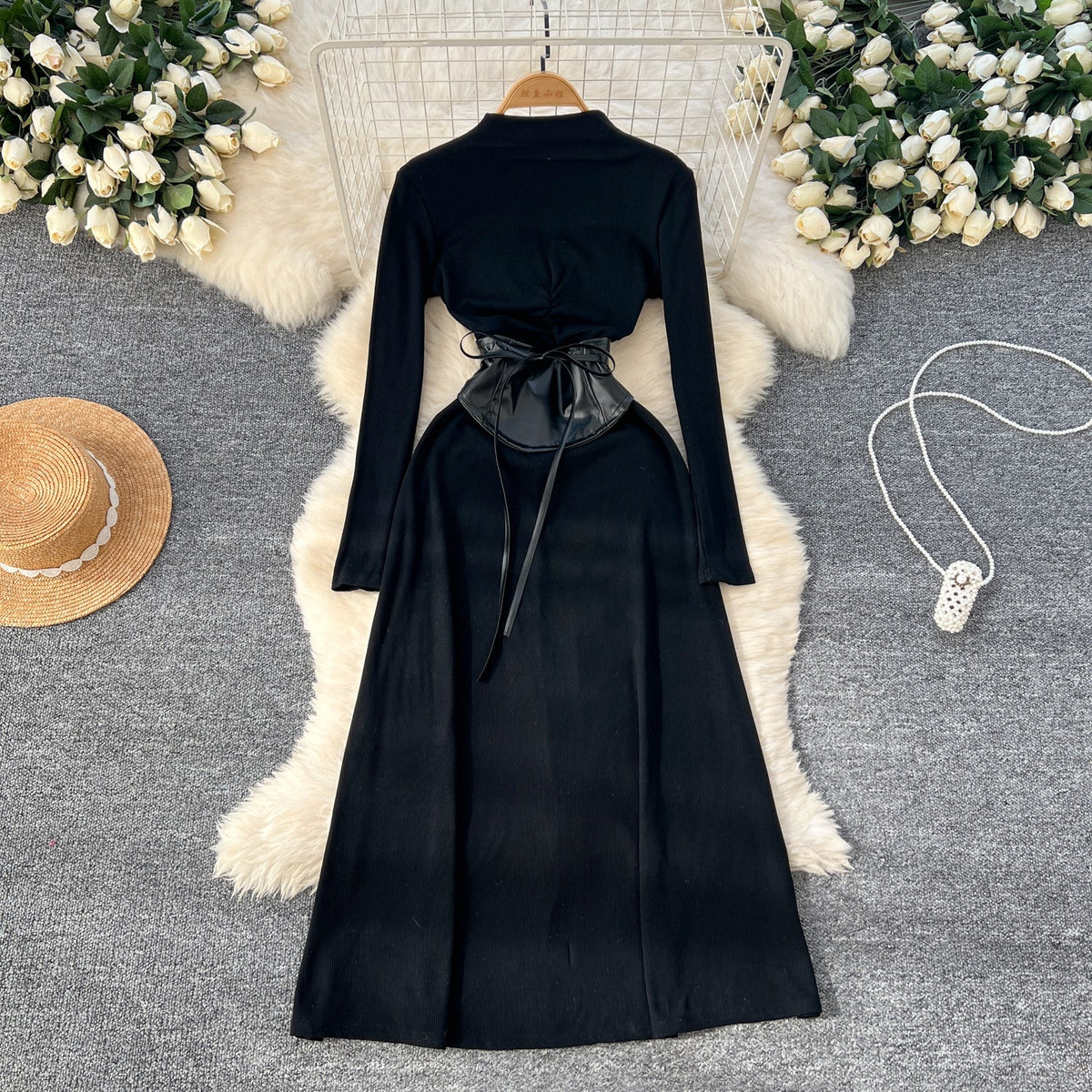Niche Knitted Dress with PU Waistband