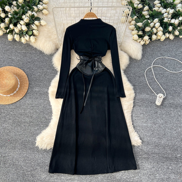 Niche Knitted Dress with PU Waistband