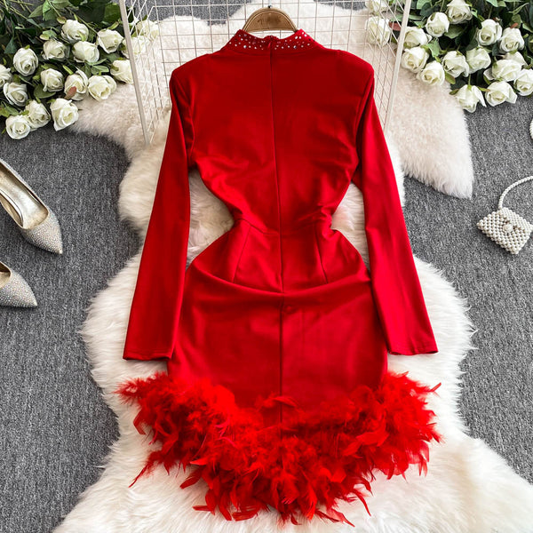 Irregular Design Fur Fringed Beaded Dress
