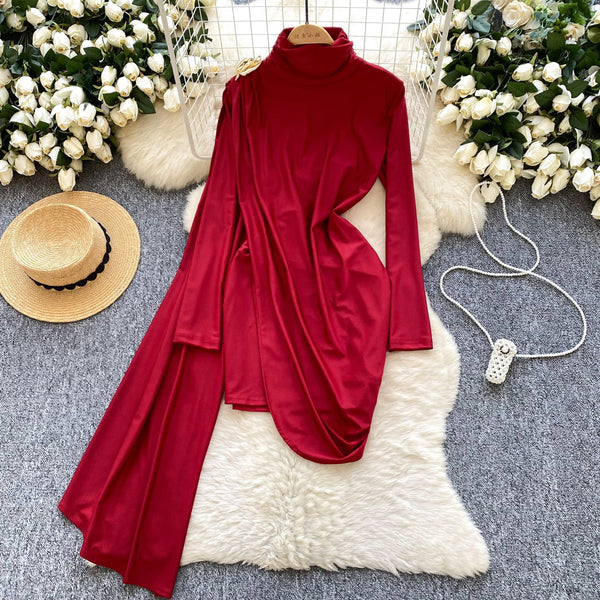 Irregular Design Turtleneck Dress with Ribbon