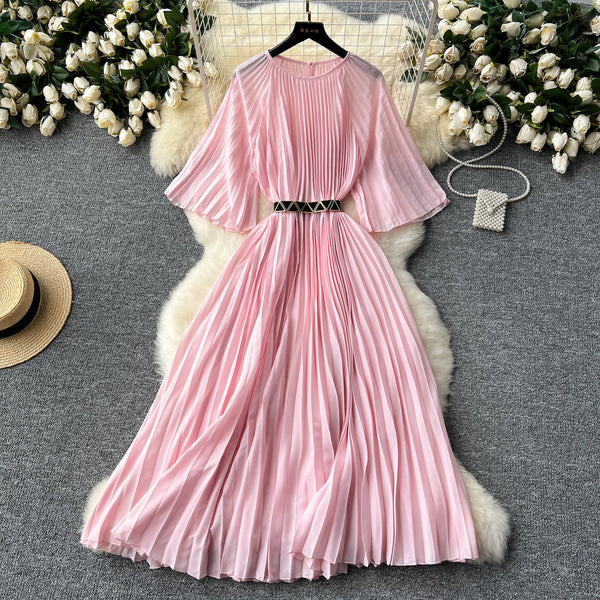 Vintage Solid Color Pleated Dress