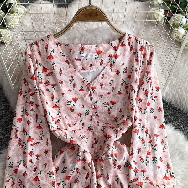 French Style Pink Floral Printed Dress