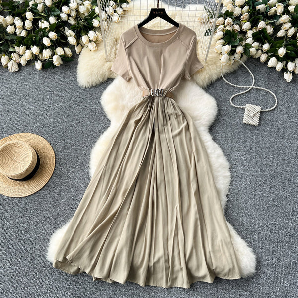 Round Collar Draped Patchwork Dress