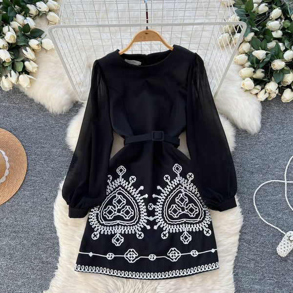 Round Collar Embroidered Patchwork Dress