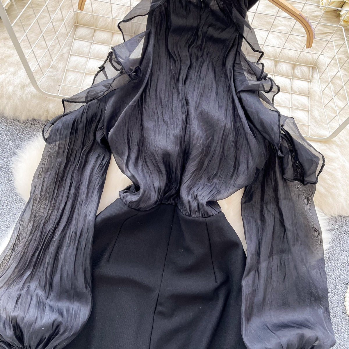 French Style Beaded Neckline Black Dress