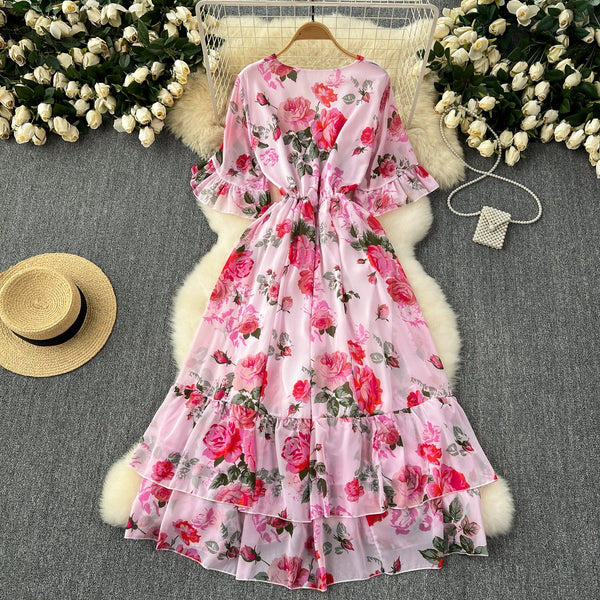 Vintage Lace-up Pleated Floral Dress