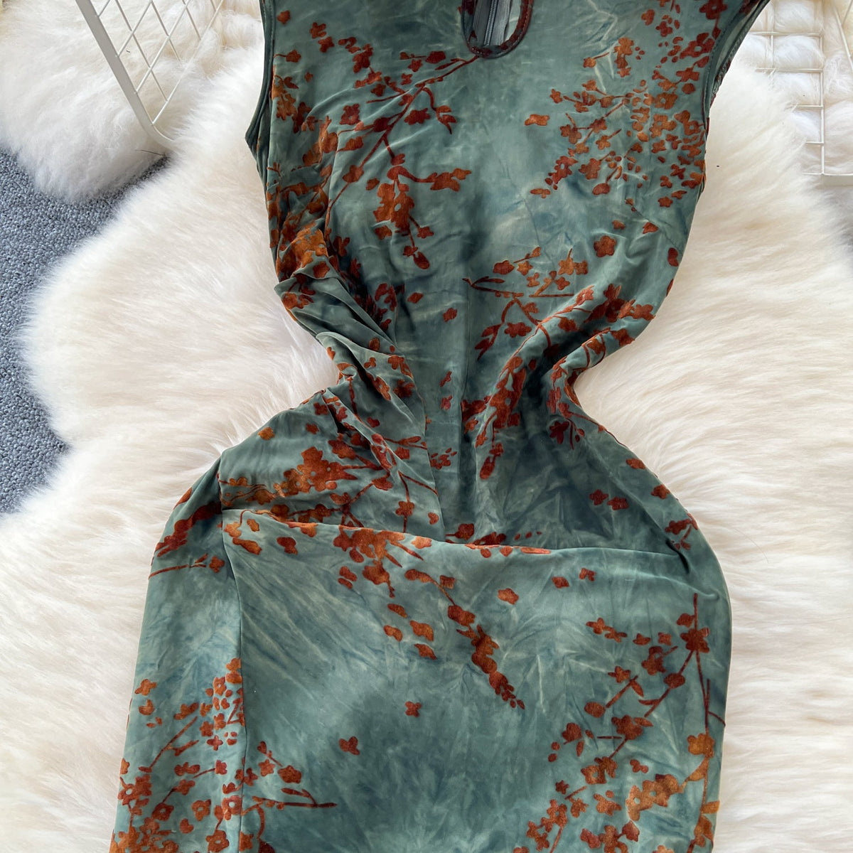 Vintage Tie-dye Çiçekli Hollowed Cheongsam