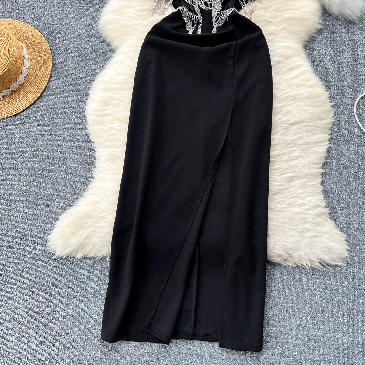 High-end Fringed Black Slip Dress