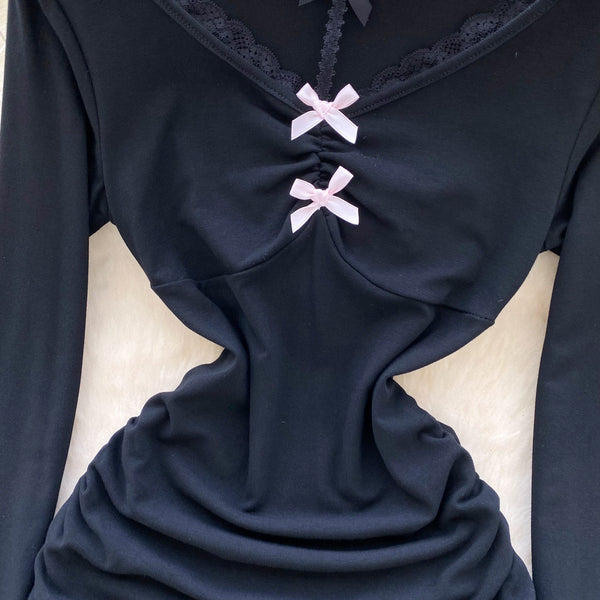 Lace Patchwork Drawstring Black Dress