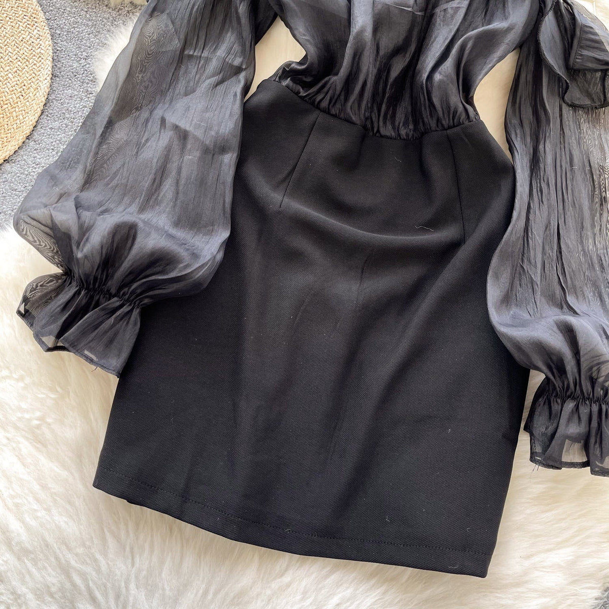 French Style Beaded Neckline Black Dress