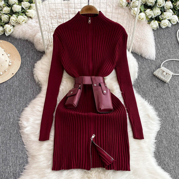 Zipped Knit Dress with Waist Pack