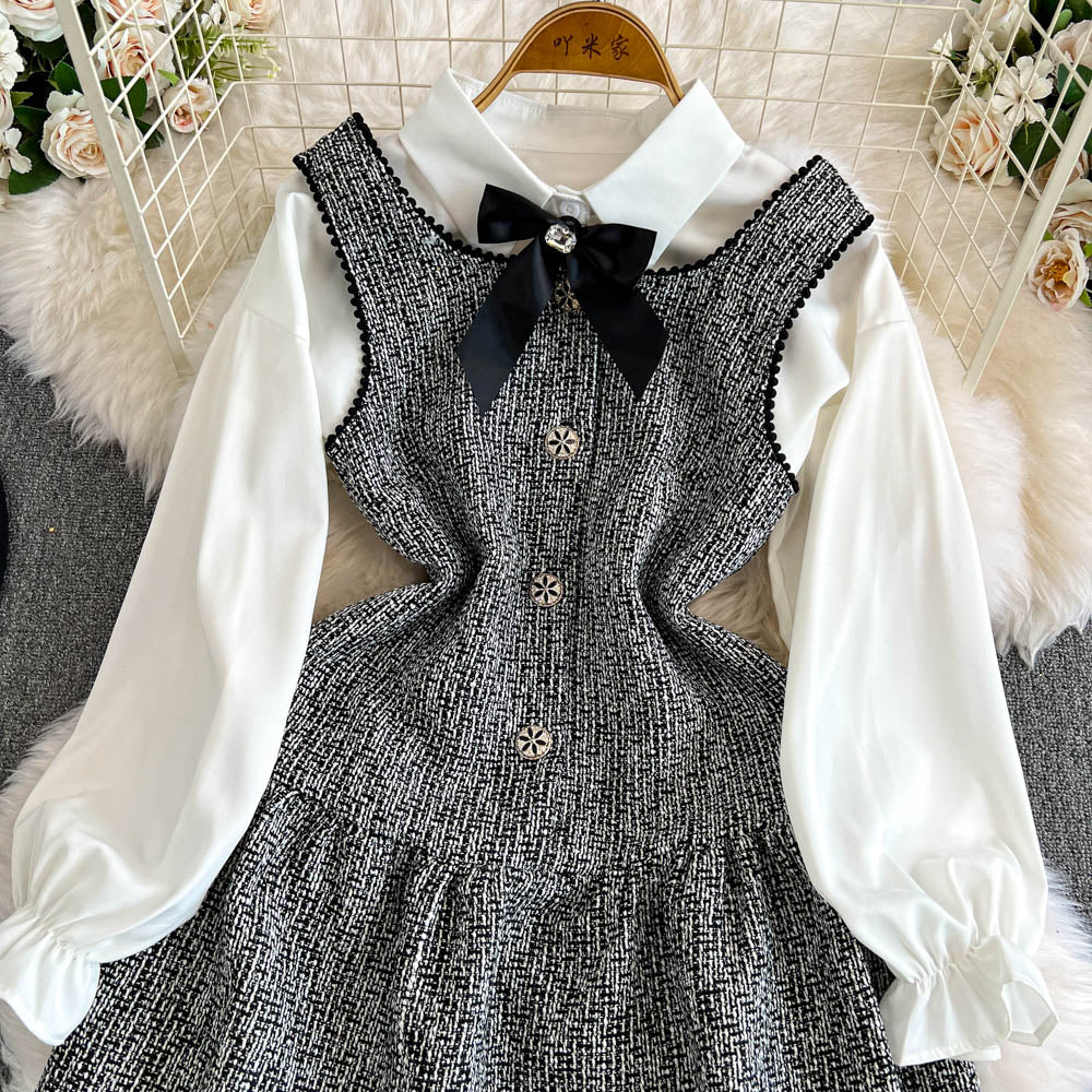 Tweed Vest Dress&White Shirt 2Pcs