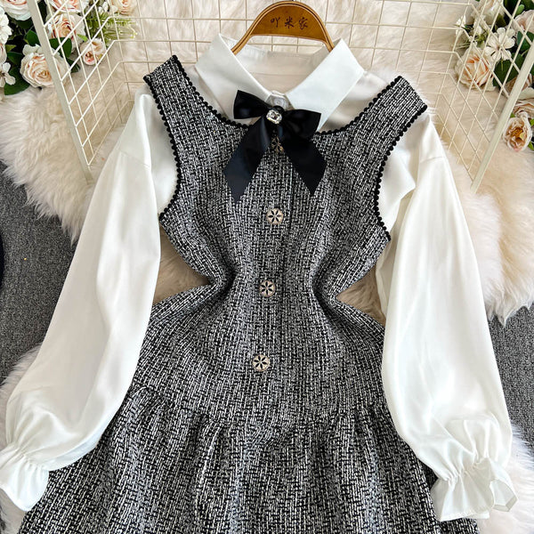 Tweed Vest Dress&White Shirt 2Pcs