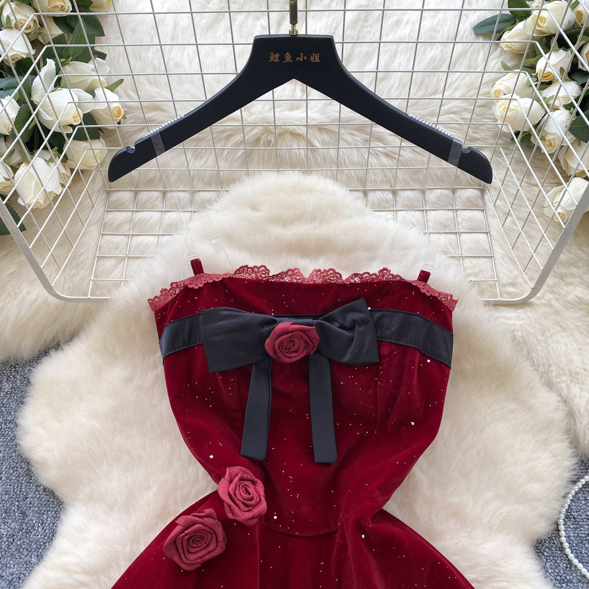 3D Rose Lace Patchwork Suede Dress