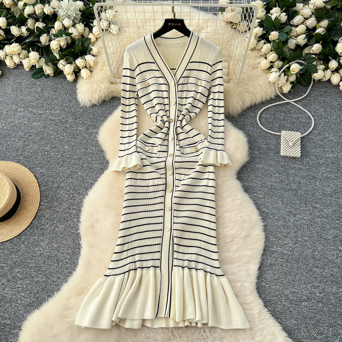 Vintage Striped Elastic Knit Dress