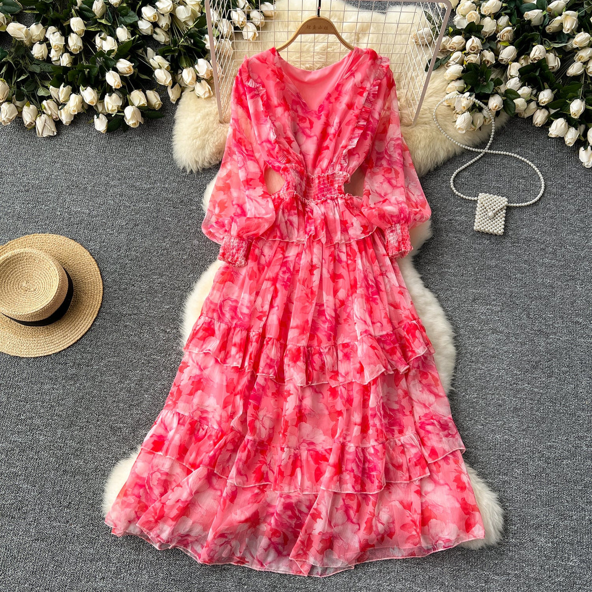 French Style V-neck Floral Chiffon Dress