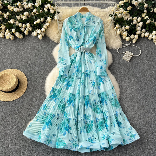 Elegant Pleated Floral Shirt Dress