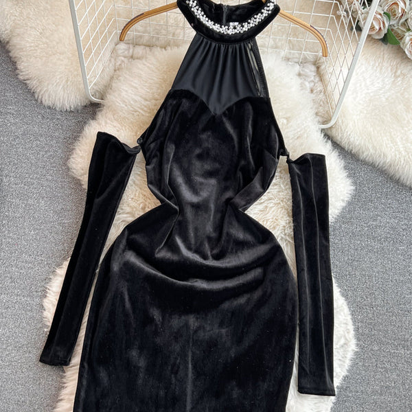 Rhinestone Studded Halter Black Dress