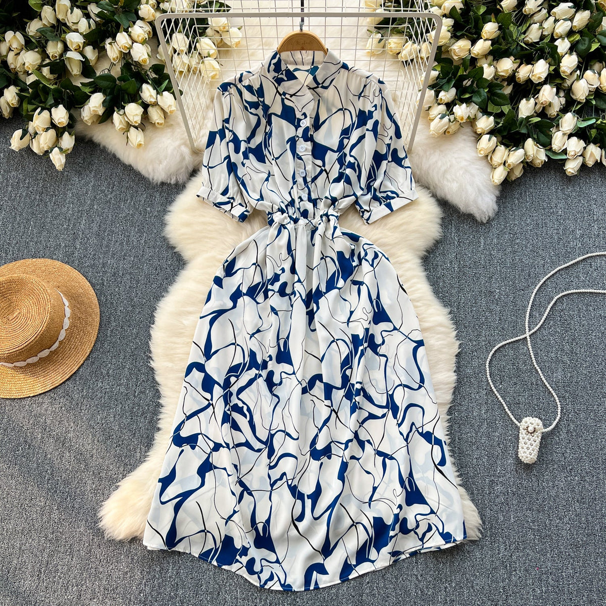 Geometric Printed Single-breasted Shirt Dress