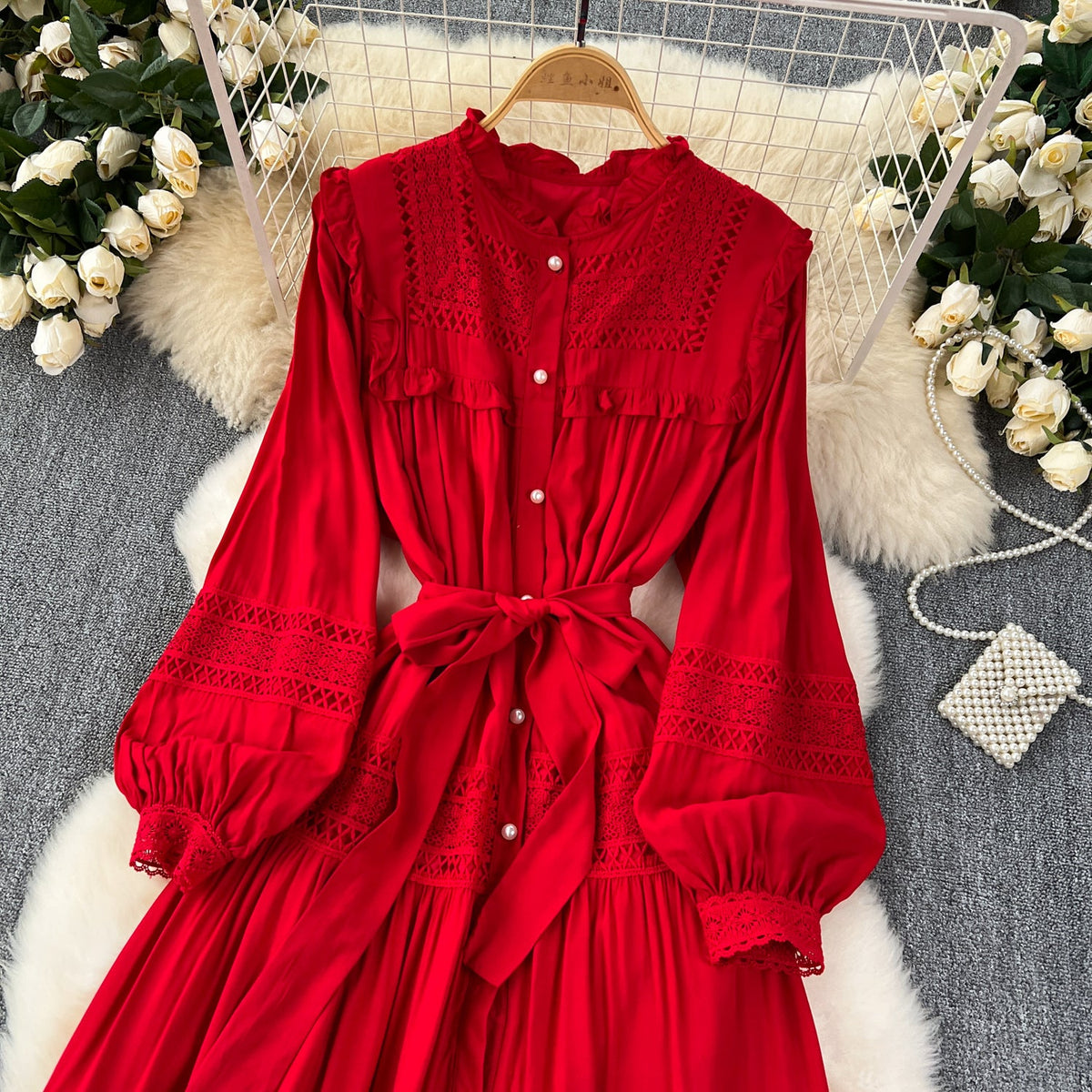 Solid Color Lace Patchwork Dress