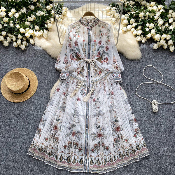Vintage Stand Collar Floral Shirt Dress