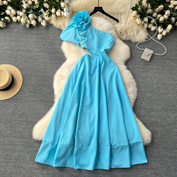 3D Floral One-shoulder Hollowed Dress