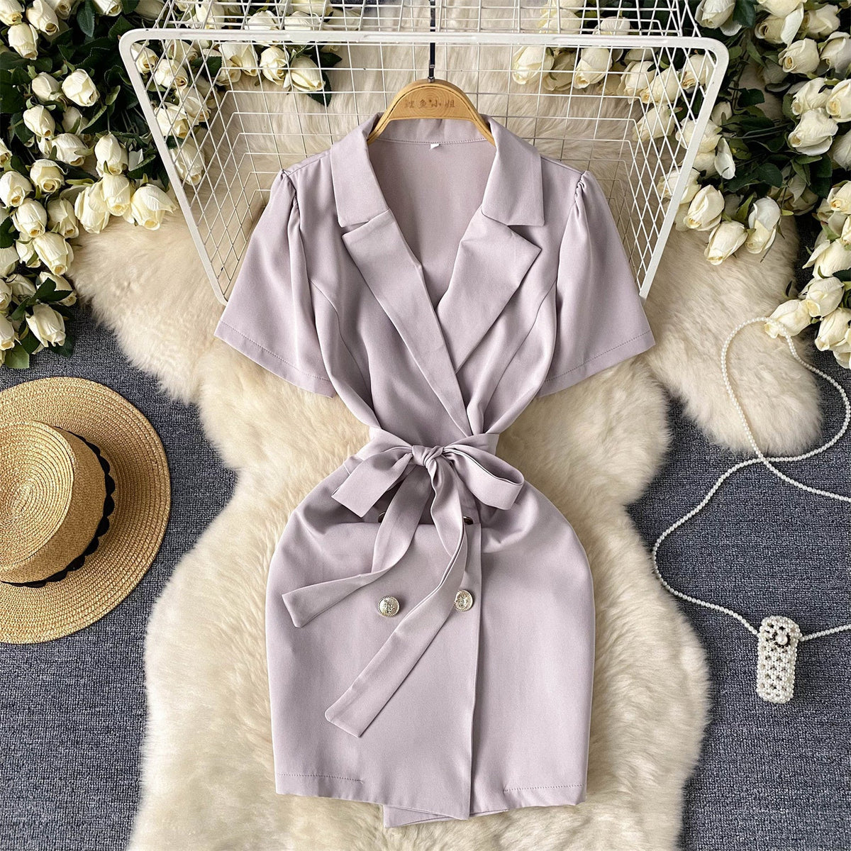 V-neck Suit Collar Lace-up Dress