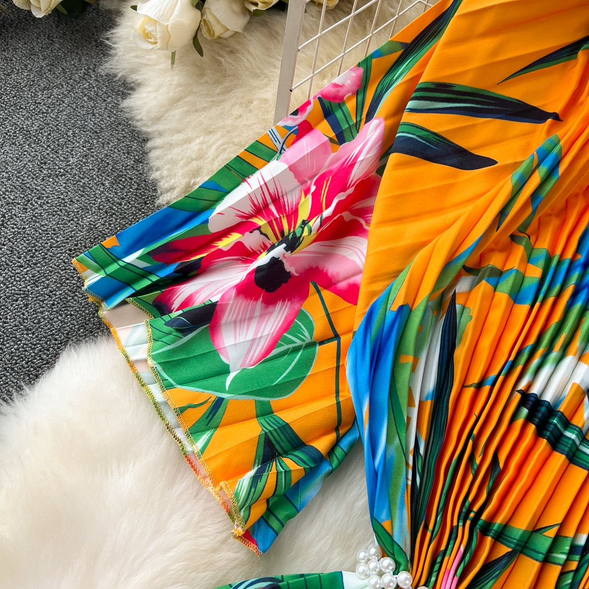 Beaded Crew Neck Printed Dress